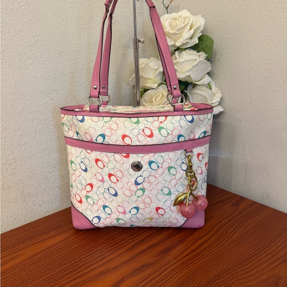 Coach Handbags - Coach Pink Multicolor Signature Tote with Cherry Charm Accent
